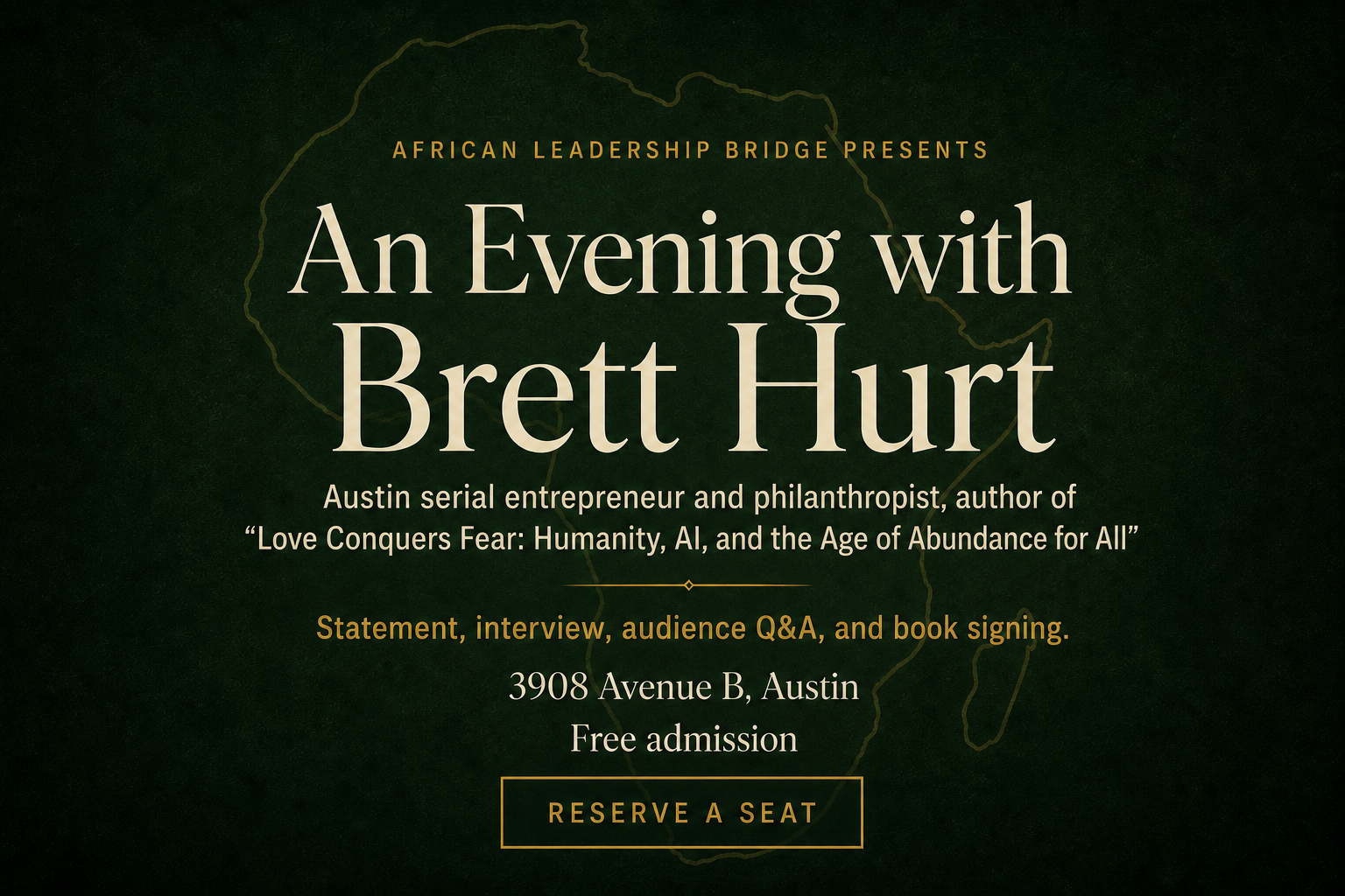 African Leadership Bridge presents an Evening with Brett Hurt. Free admission. Reserve a seat.